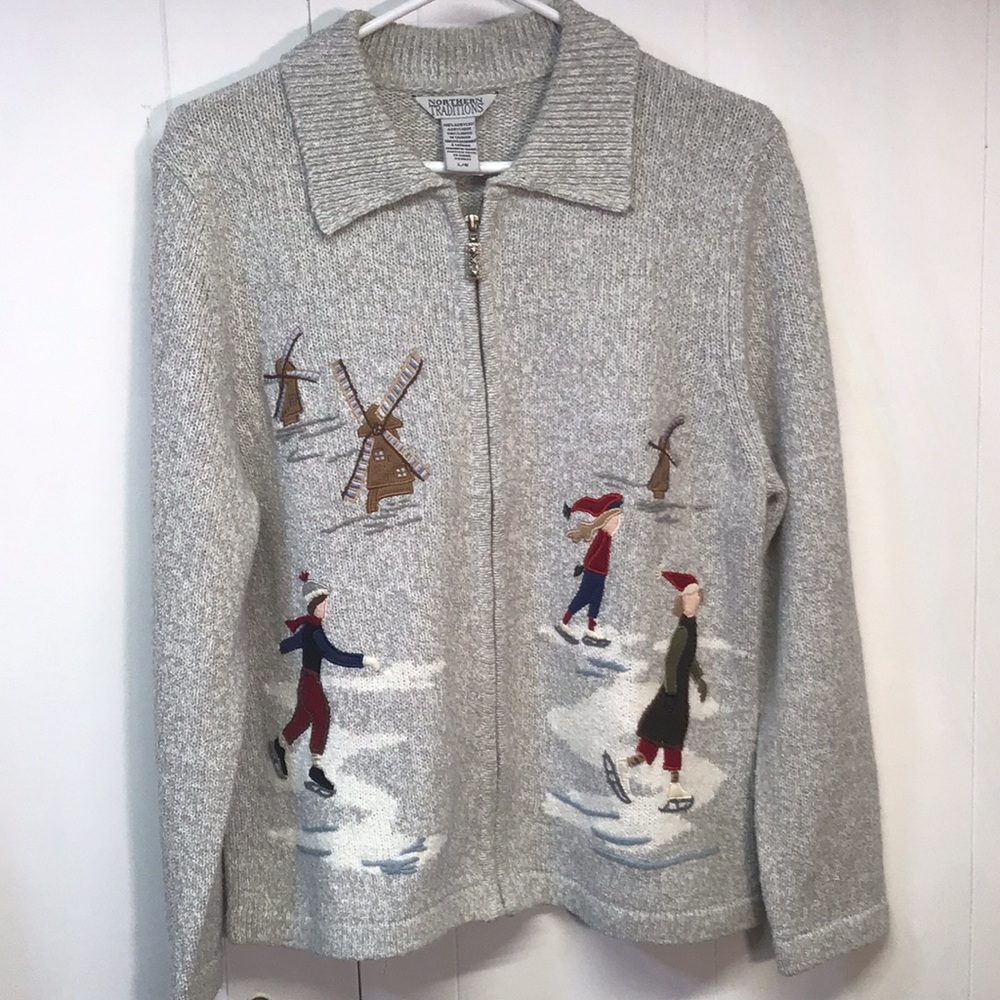 Northern Traditions Zip front sweater with skaters and windmills appliques Cozy